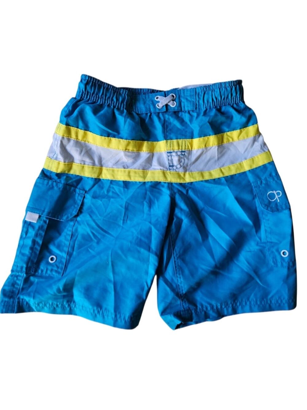 OP Ocean Pacific Boys Swim Trunks S/CH 6-7 Teal Blue Yellow Stripe Board Short